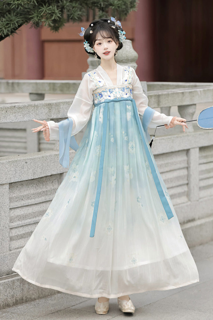 Blue Long Sleeves Tang-Style Qixiong Ruqun Printed Lace Sweet Hanfu Dress Set