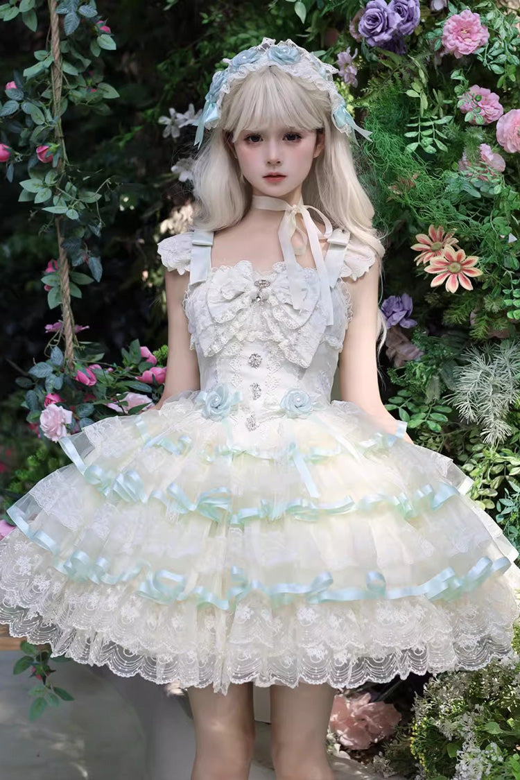 Green [Rose Feather Waltz] Sleeveless Triple-Layered Ruffle Bowknot Lace Sweet Ballet Lolita Jsk Dress