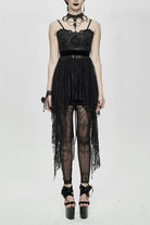 Black Versatile Translucent Sweep Sexy Lace Womens Gothic Dress With Shoulder Straps