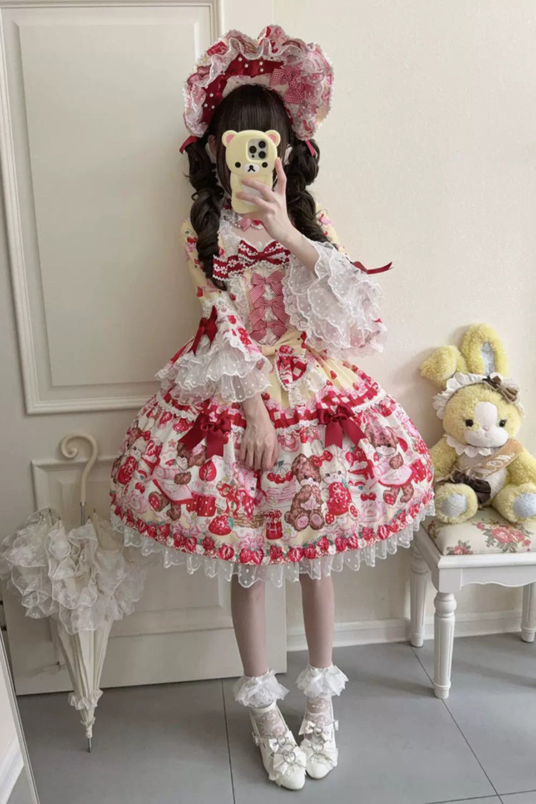 Yellow/Red [Sweet Berry Bunny Bear] Half Sleeves Printed Bow Lace Lace-Up Sweet Lolita OP Dress