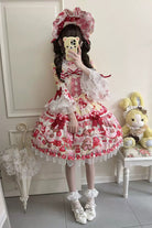 Yellow/Red [Sweet Berry Bunny Bear] Half Sleeves Printed Bow Lace Lace-Up Sweet Lolita OP Dress