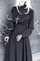 Black Stand Collar Long Sleeves Ruffled Lace-Up Gothic Lolita Dress