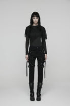 Black Patchwork Slim Fit Mesh Detachable Eyelet Women's Punk Military Cool Pants