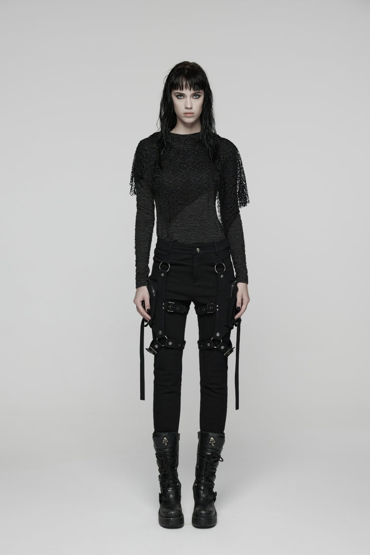Black Patchwork Slim Fit Mesh Detachable Eyelet Women's Punk Military Cool Pants