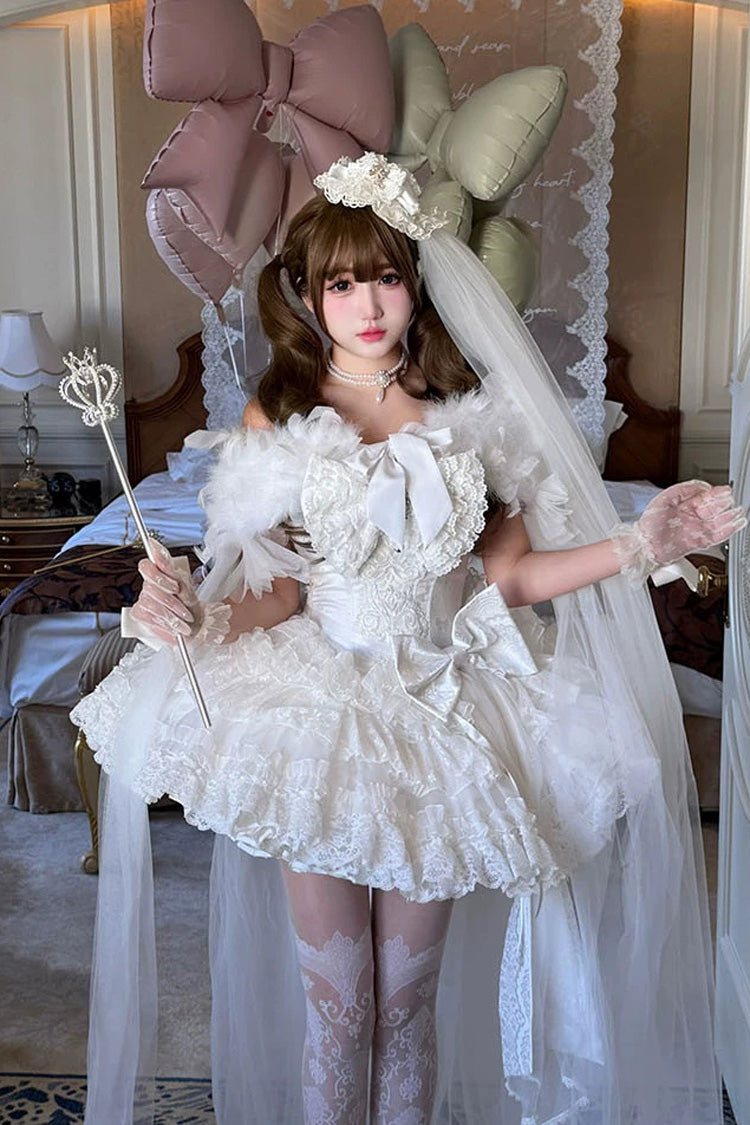 White [White Feather Promise] Sleeveless Multi-Layered Ruffled Hanayome Bow Lace Sweet Lolita Jsk Dress