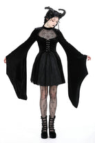Black Long Trumpet Sleeves Spliced Lace-Up Spider Mesh Women's Gothic Velvet Wedding Dress