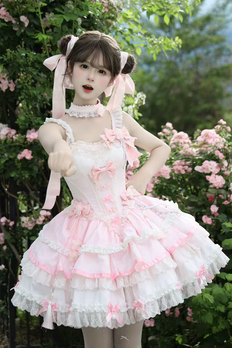 Pink [Prelude of Spring Cherry] Square Collar Sleeveless Multi-Layered Jacquard Ruffled Bow Lace Pearl-Decorated Sweet Lolita Jsk Dress