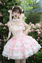 Pink [Prelude of Spring Cherry] Square Collar Sleeveless Multi-Layered Jacquard Ruffled Bow Lace Pearl-Decorated Sweet Lolita Jsk Dress