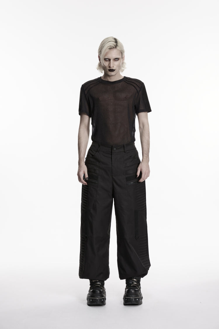 Black Round Collar Short Sleeves Sheer Men's Punk Shirt