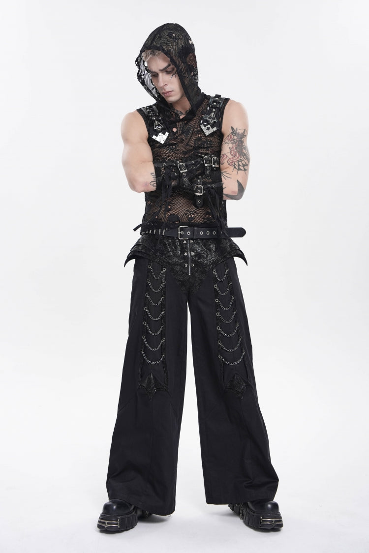 Black Spliced Studded Zippered Chain-Decorated Men's Punk Cool Pants