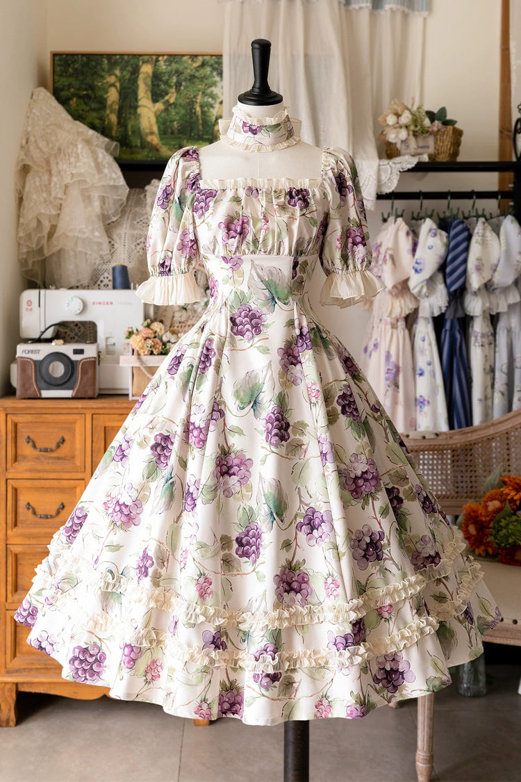White [Basket of the Forest] Square Collar Short Sleeves Little Grape Printed Ruffled Classic Elegant Lolita Dress