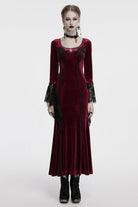 Red Long Sleeves Floral Embroidery Stitching Lace Women's Gothic Gown Dress