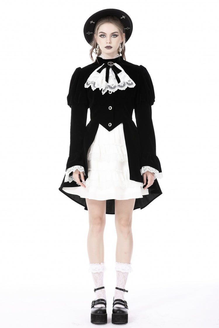 Black/White Frilly Collar Skull Bow Tie Long Puff Sleeves Lace Lace-Up Women's Gothic Vintage Velvet Jacket