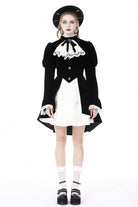 Black/White Frilly Collar Skull Bow Tie Long Puff Sleeves Lace Lace-Up Women's Gothic Vintage Velvet Jacket