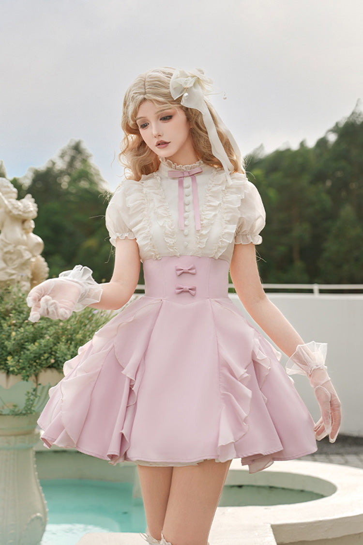 Pink/Apricot [Miss Lola] Stand Collar Short Sleeves Ruffle Bowknot Sweet Lolita Dress