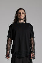 Black Round Collar Long Sleeves Mesh Ripped Men's Punk T-Shirt