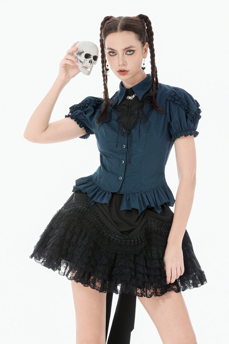 Blue Pinstripe Point Collar Short Puff Sleeves Women's Gothic Blouse with Detachable Bat Bow Tie
