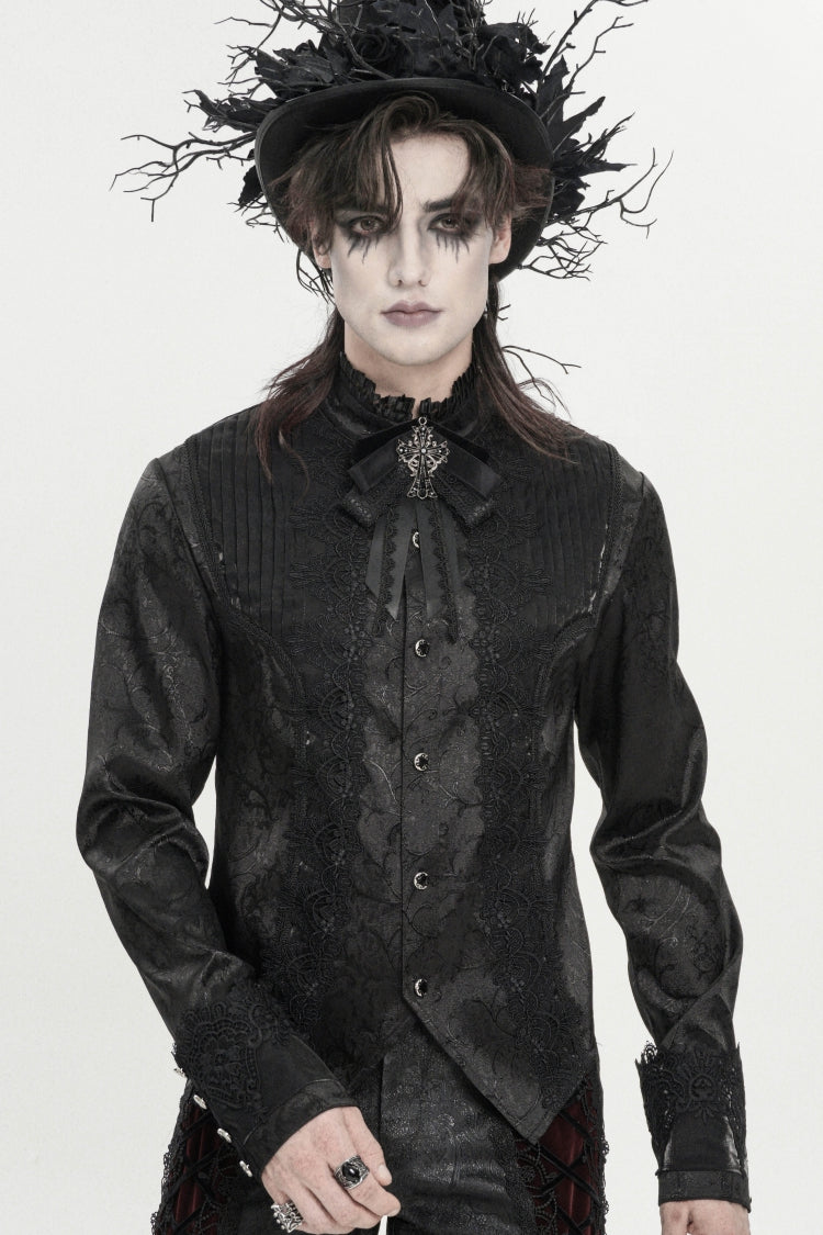 Black Stand Collar Long Sleeves Jacquard Embroidered Bow Lace Men's Gothic Palace Shirt
