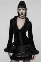 Black V Collar Long Sleeves Faux Fur Spliced Lace-Up Women's Gothic Cardigan