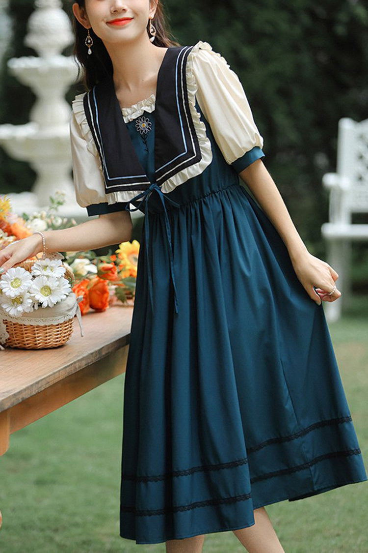 Multi-Color Retro Doll Collar Short Lantern Sleeves High Waist Embroidery Sweet Lolita OP Dress