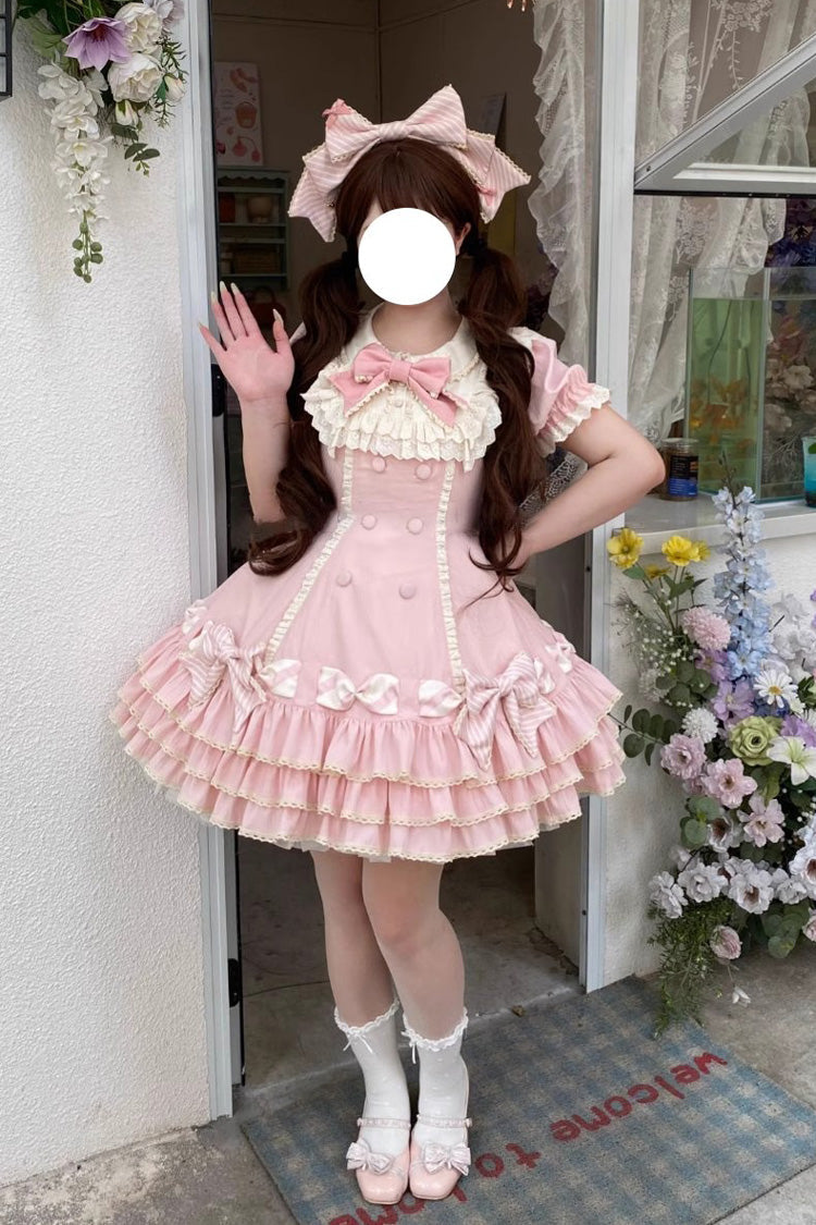 Pink [Striped Layered] Short Sleeves Multi-Layered Ruffle Bowknot Sweet Princess Lolita Tiered Dress
