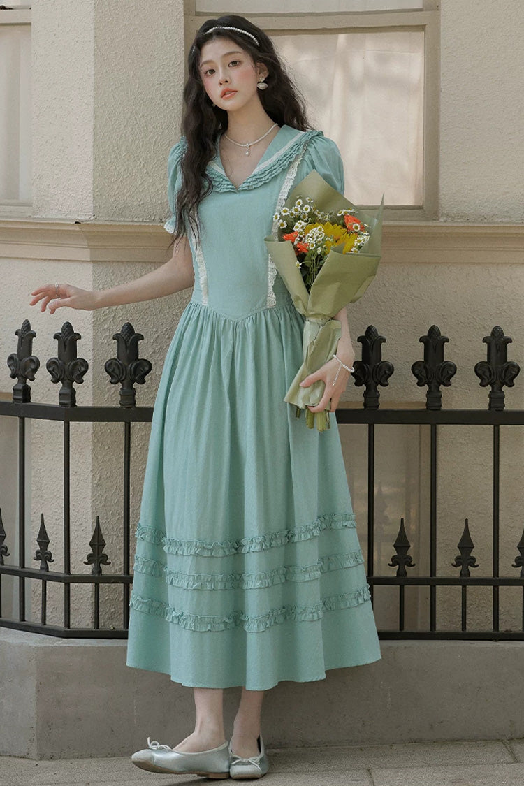 Lake Blue V Collar Short Puff Sleeves Ruffled Lace Sweet College Style Lolita Dress