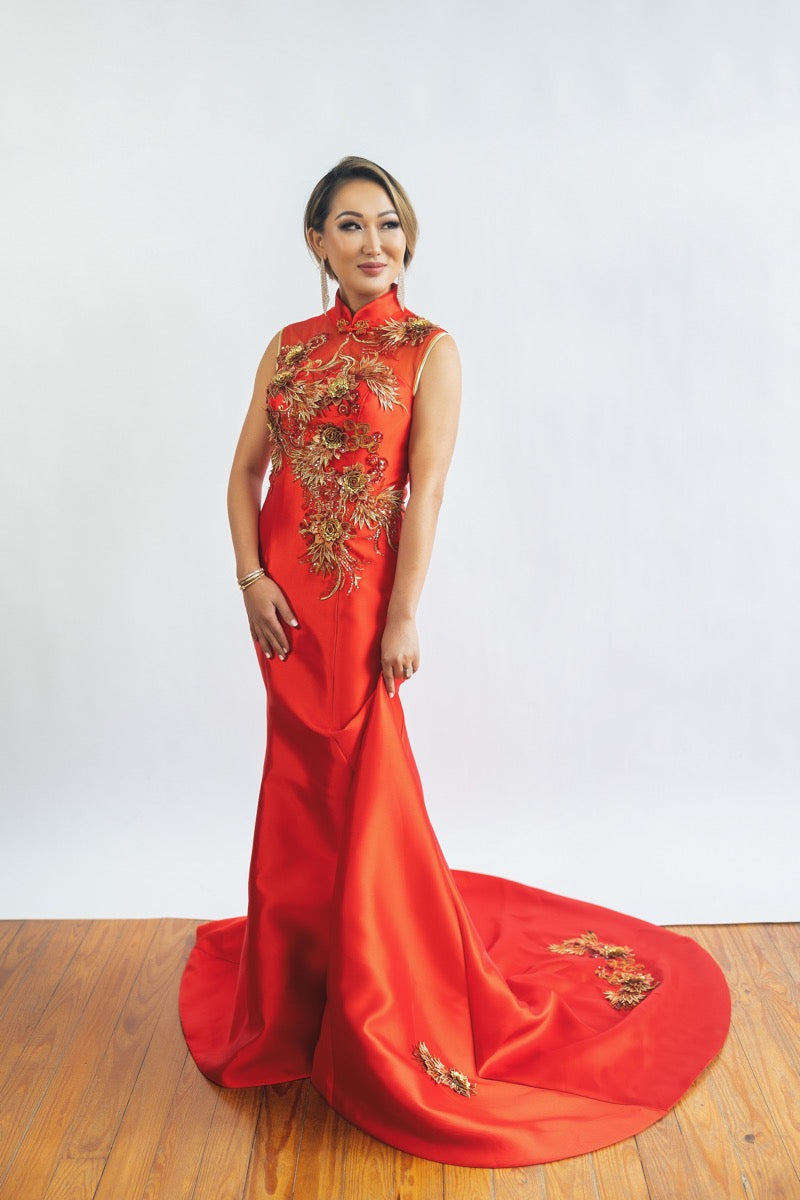Mrs.Tiffany - Floral Sequined, red fishtail Qipao
