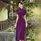 Aslinhanfu Tencel fabric, floral pattern, plus size, purple midi Cheongsam