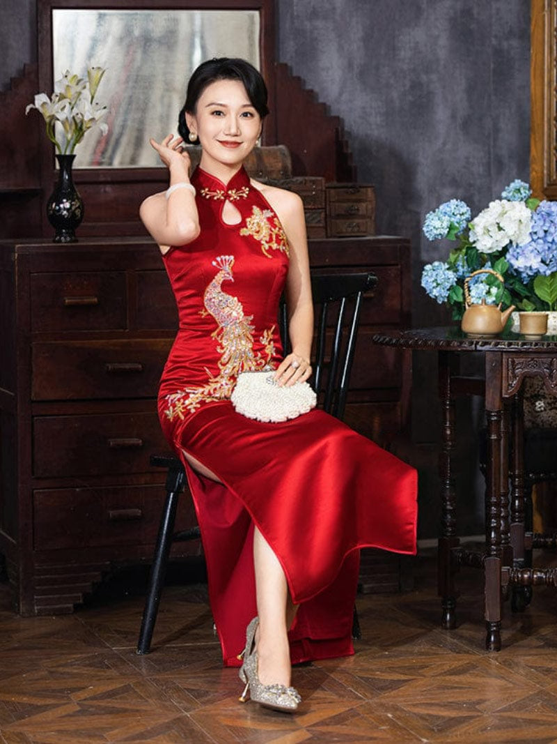 Exclusive designer collection, peacock embroidery, halter long Qipao