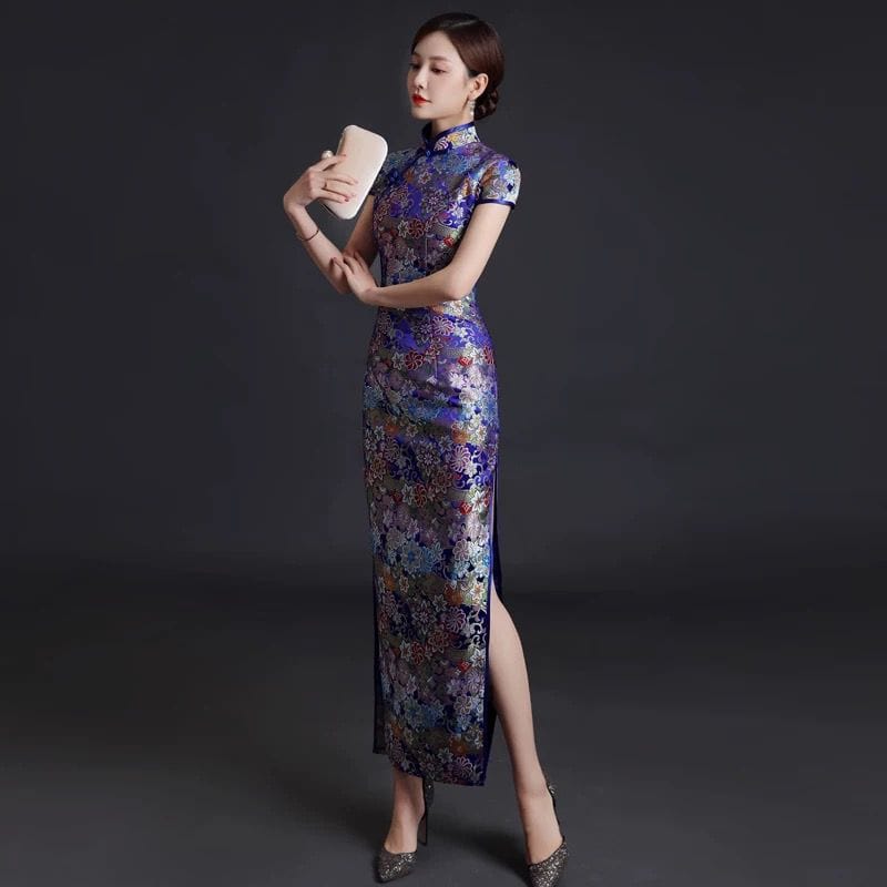 Aslinhanfu Floral embroidery, high end, brocade long Cheongsam