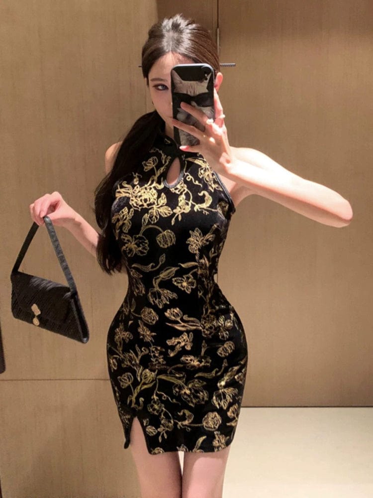 Aslinhanfu Sleeveless, silk velvet short Cheongsam