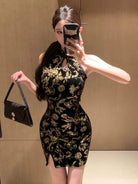Aslinhanfu Sleeveless, silk velvet short Cheongsam