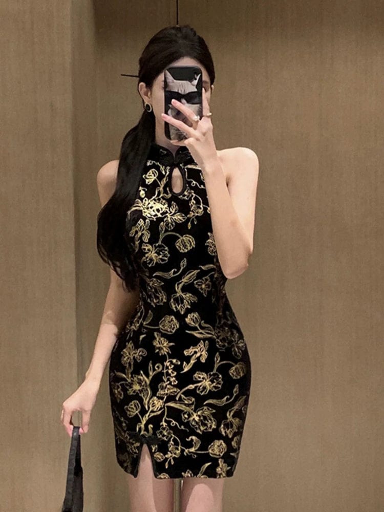 Aslinhanfu Sleeveless, silk velvet short Cheongsam