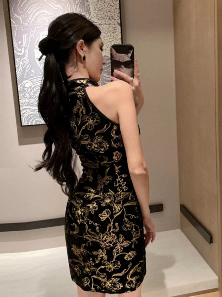 Aslinhanfu Sleeveless, silk velvet short Cheongsam