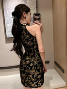 Aslinhanfu Sleeveless, silk velvet short Cheongsam