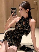 Aslinhanfu Sleeveless, silk velvet short Cheongsam