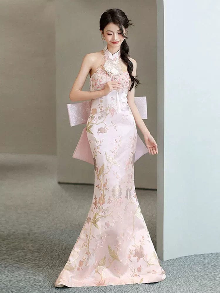 Aslinhanfu Qipao-QHM New Chinese style (新中式), high-end, halter floor-length Cheongsam