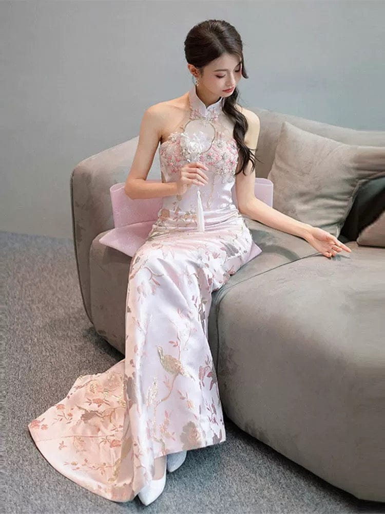 Aslinhanfu Qipao-QHM New Chinese style (新中式), high-end, halter floor-length Cheongsam