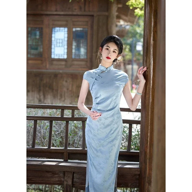 Aslinhanfu Bamboo leaf pattern, light blue midi Cheongsam