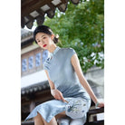 Aslinhanfu Bamboo leaf pattern, light blue midi Cheongsam
