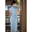 Aslinhanfu Bamboo leaf pattern, light blue midi Cheongsam