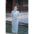 Aslinhanfu Bamboo leaf pattern, light blue midi Cheongsam