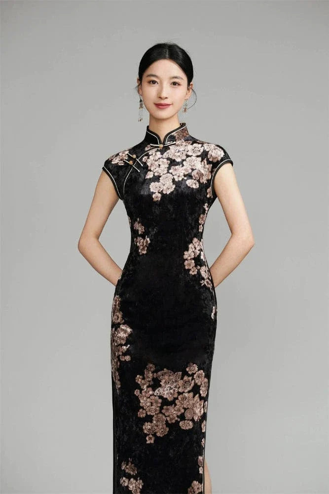 Aslinhanfu Floral pattern, velvet long Cheongsam with raglan sleeves