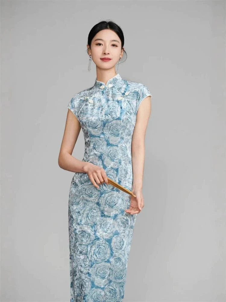 Aslinhanfu Floral pattern, velvet long Cheongsam with raglan sleeves