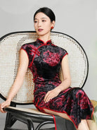 Aslinhanfu Floral pattern, velvet long Cheongsam with raglan sleeves