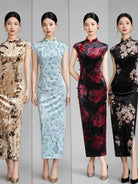 Aslinhanfu Floral pattern, velvet long Cheongsam with raglan sleeves