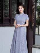Aslinhanfu  Floral pattern, purple&white midi Cheongsam
