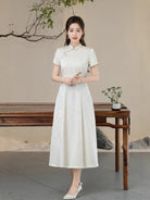 Aslinhanfu  Floral pattern, purple&white midi Cheongsam