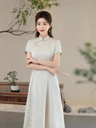 Aslinhanfu  Floral pattern, purple&white midi Cheongsam