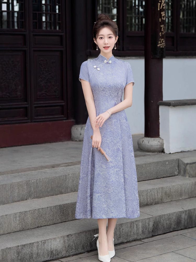 Aslinhanfu  Floral pattern, purple&white midi Cheongsam